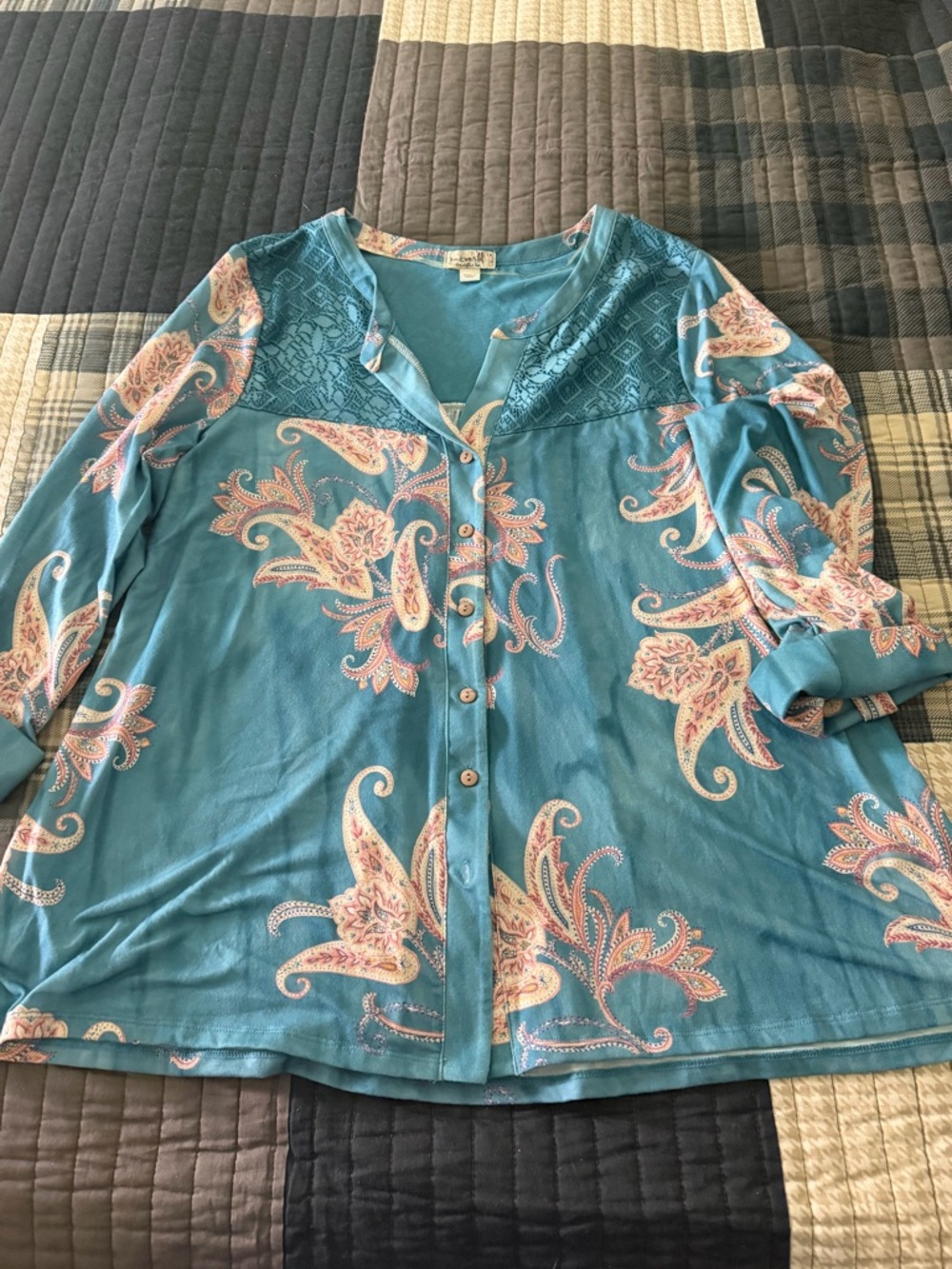 ONE WORLD Teal Paisley Button-Front Blouse with Pink Accents